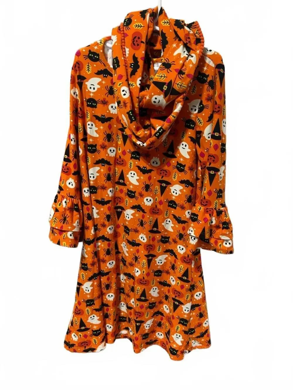 Rare Editions Kids Orange Halloween Ghost & Pumpkin Dress w Matching Scarf Sz 12